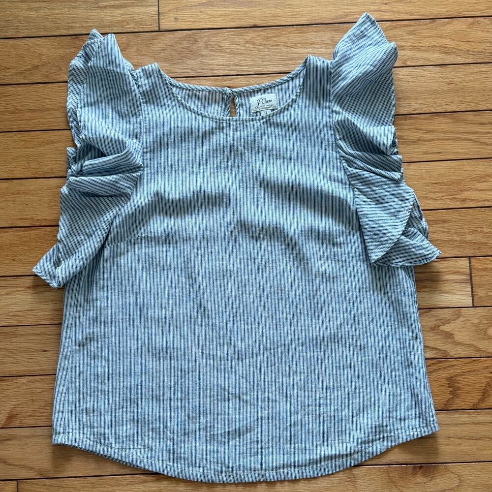 J Crew Linen/Cotton Sz 12 Ruffled Sleeves Blue White Striped Blouse Top Shirt